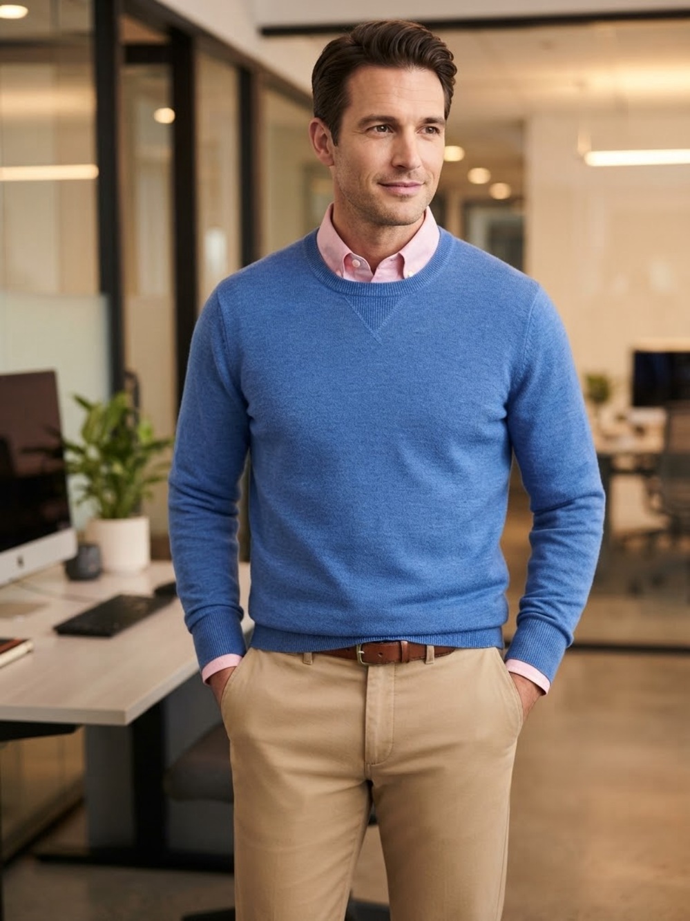 J. Crew Blue Crewneck Sweater with Pink Shirt Layering